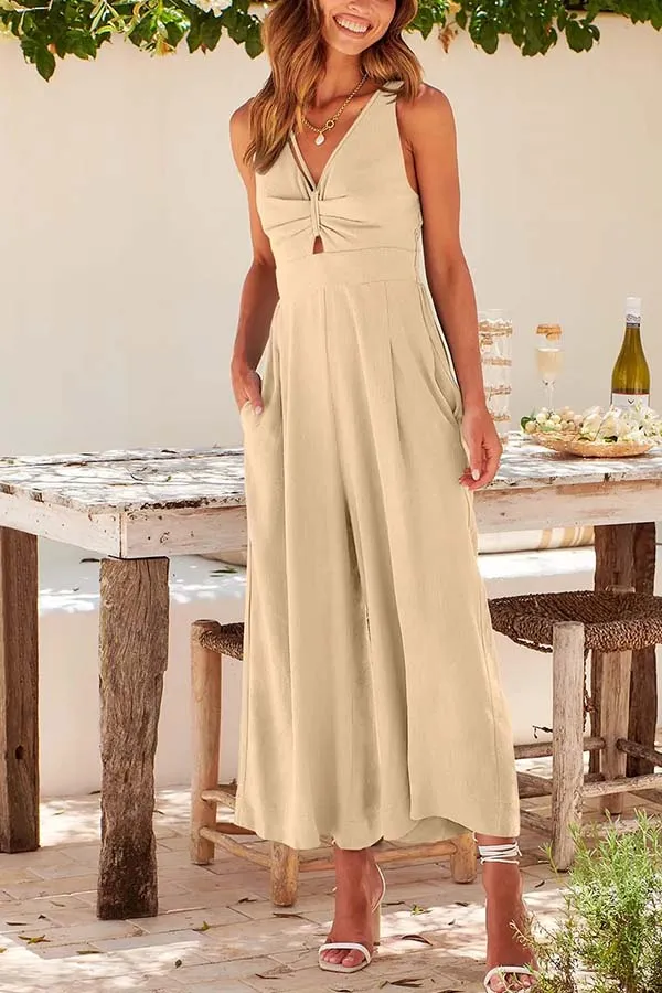 2023 SUMMER V NECK CUTOUT ADJUSTABLE STRAPS WIDE LEG JUMPSUITS