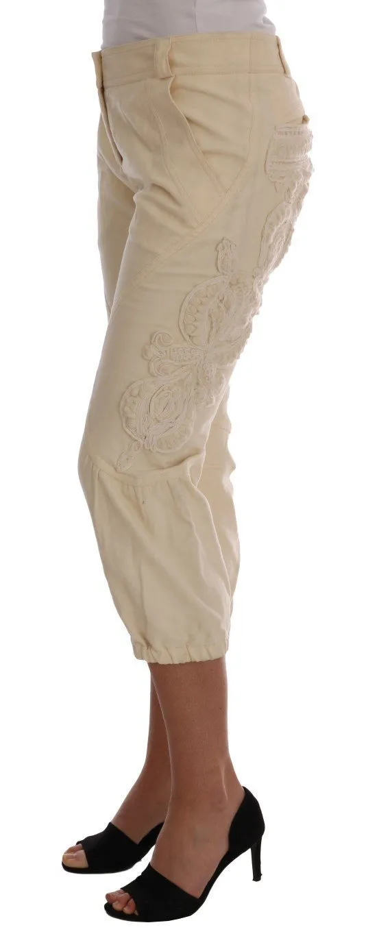Beige Cotton Lace Applique Capri Pants