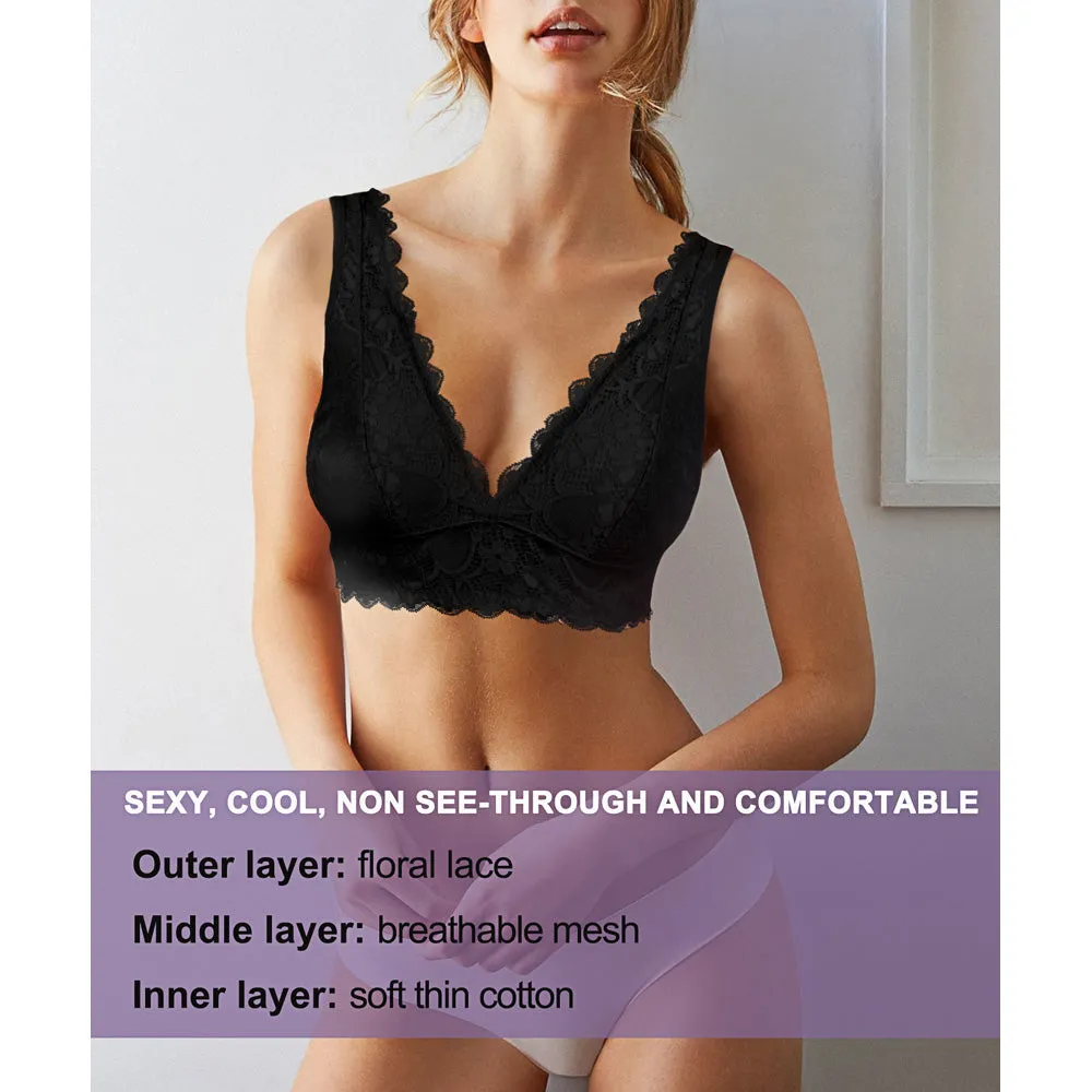 Bralette for Women Lace Plunge Bra Deep V Racerback with Removable Pads Wirefree