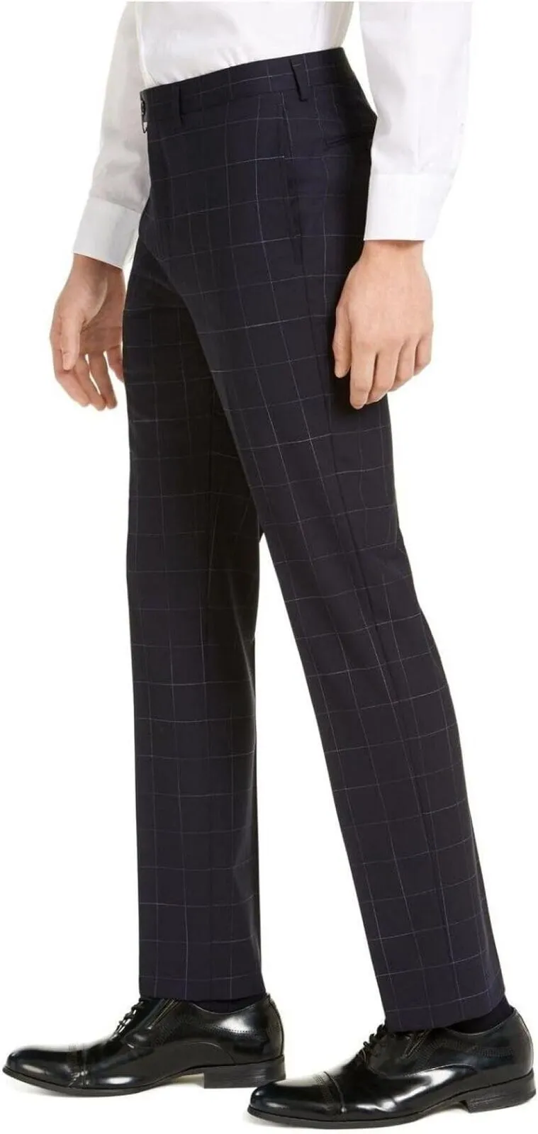 Calvin Klein X-Fit Extra-Slim Fit Navy Windowpane Pants Navy Plaid Blue 36x34
