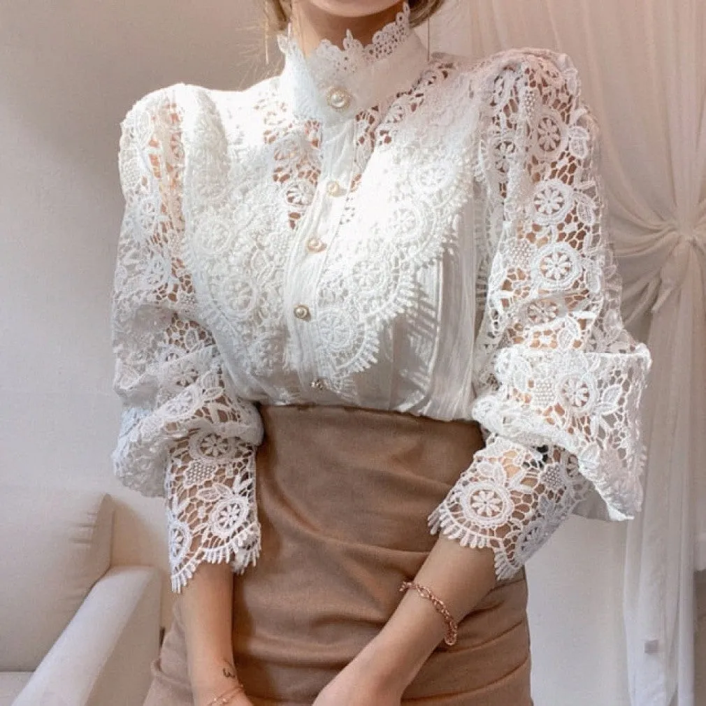 ContiNent 33 Petal Sleeve Stand Collar Hollow Out Flower Lace Patchwork Shirt Femme Blusas All-match Women Lace Blouse Button White Top