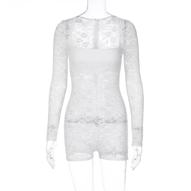 European and American Street Style New Women's Sexy Lace Long-Sleeved, Slim-Fit, Short Solid Color Jumpsuit Women Amazon Wholesale