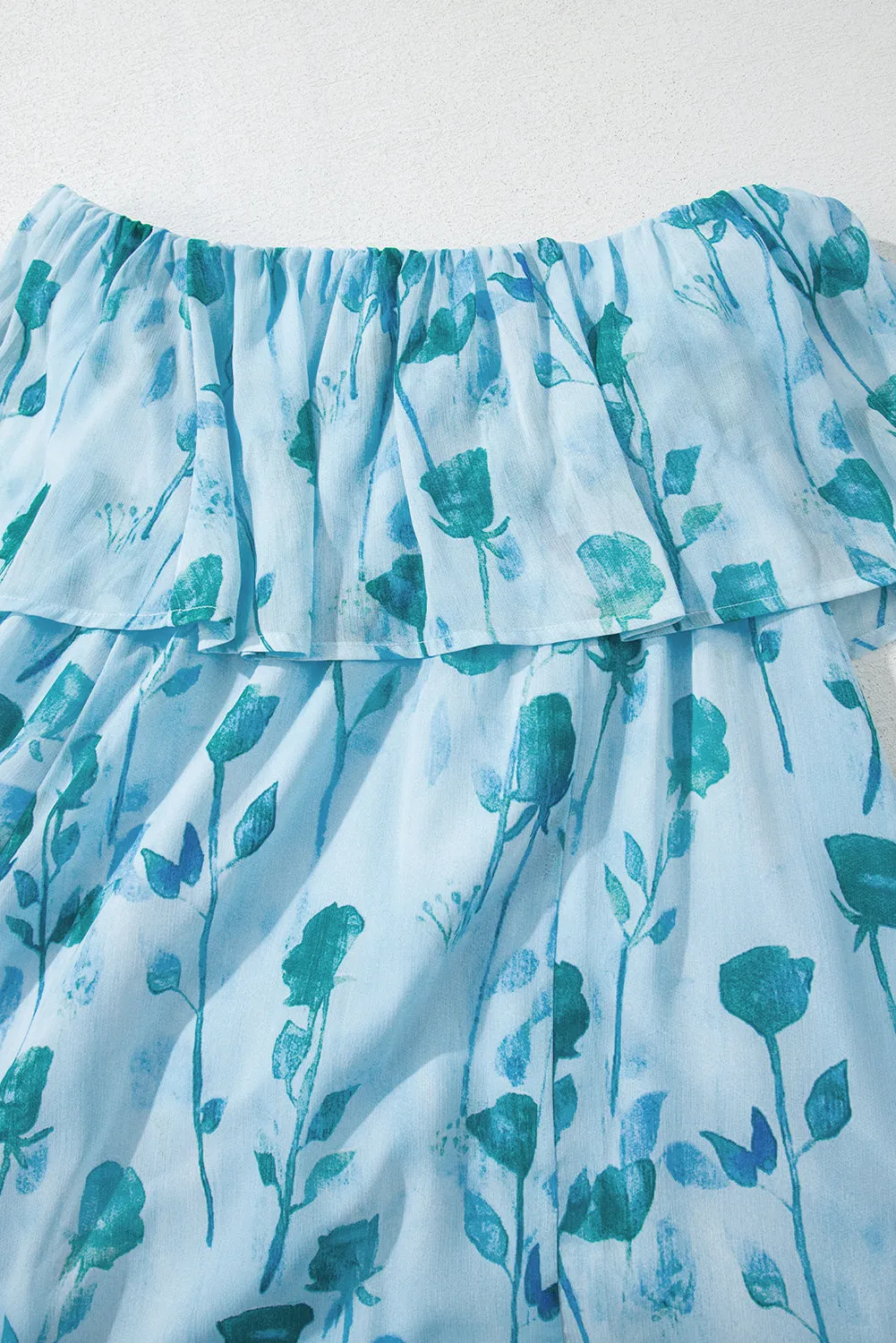 Green Floral Print Ruffled Side Slit Tube Top Maxi Dress