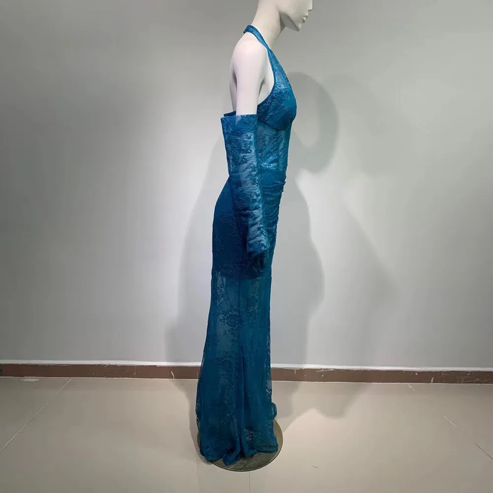 Halter Sleeveless Lace Maxi Bodycon Dress HT987