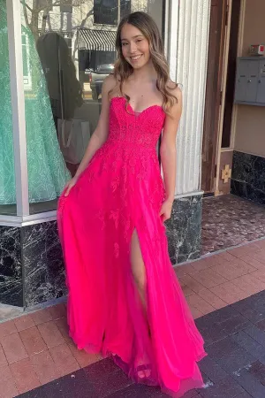 Hot Pink Tulle A-line Strapless Lace Appliques Prom Dress, Party Dress, MP887