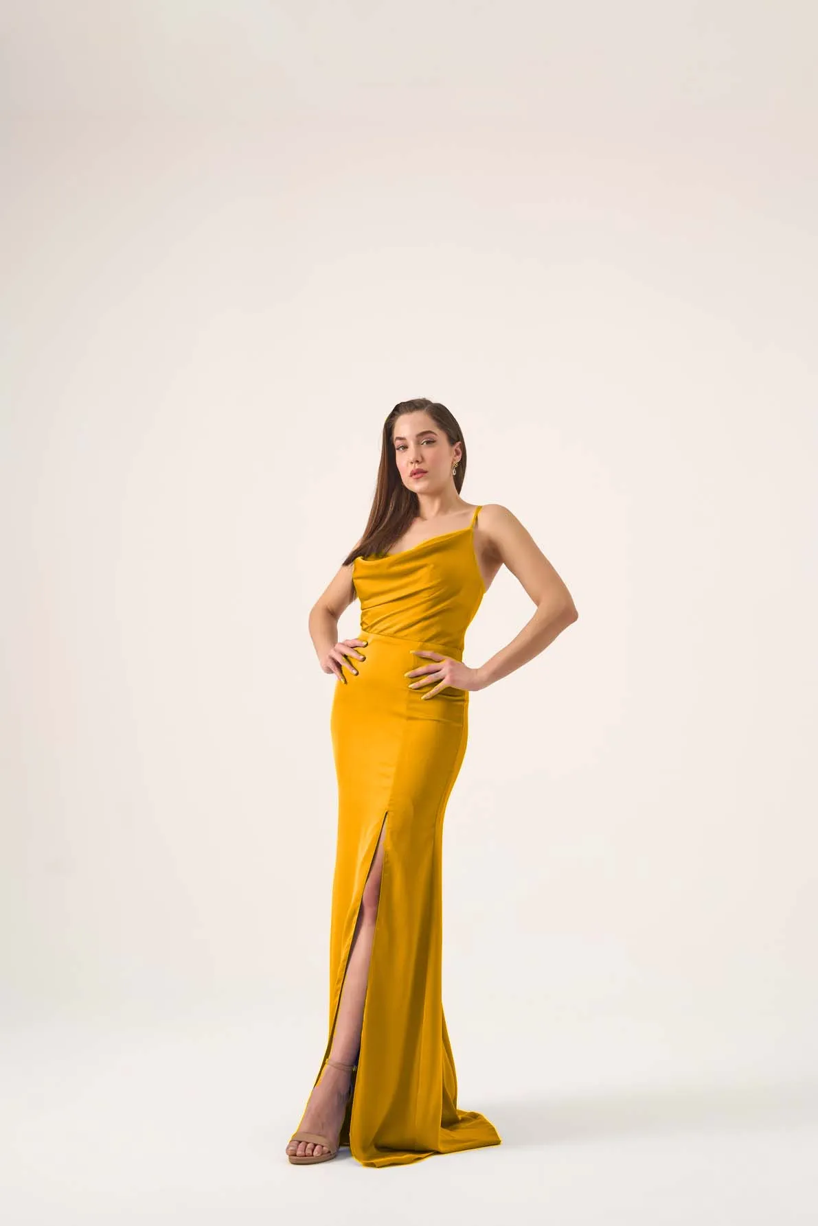 Houston cowl neck satin gown with slit