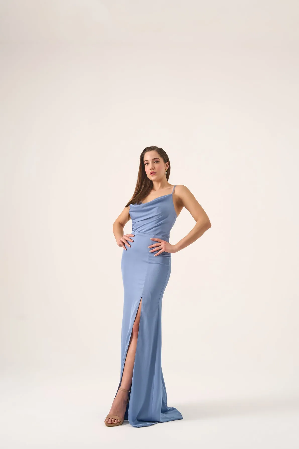 Houston cowl neck satin gown with slit