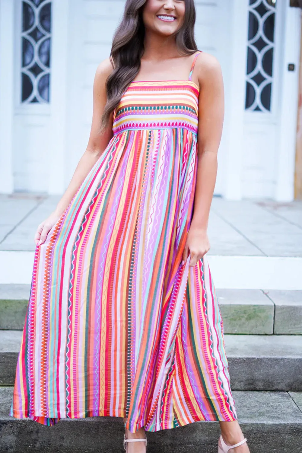 Multicolour Striped Thin Straps Smocked Back Boho Maxi Dress