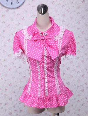 Pink Lolita Blouse White Dots Short Sleeves Lace Trim Bow