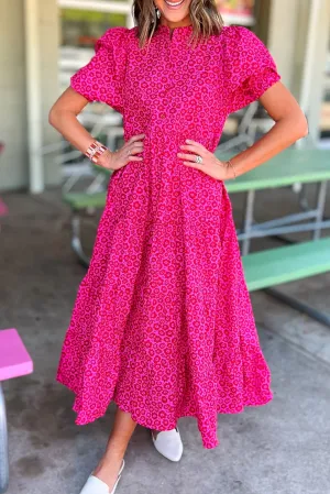 Rose Red Mock Neck Puff Sleeve Leopard Tiered Maxi Dress