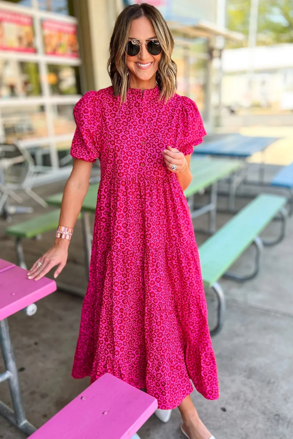 Rose Red Mock Neck Puff Sleeve Leopard Tiered Maxi Dress