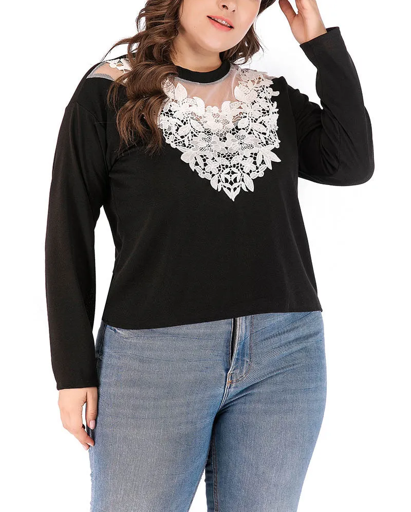 Round Neck Long Sleeve Lace Crochet Stitching T-shirt