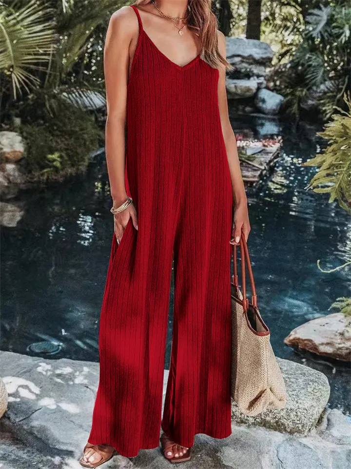 Vacation V Neck Backless Elegant Straight Leg Jumpsuit for Lady