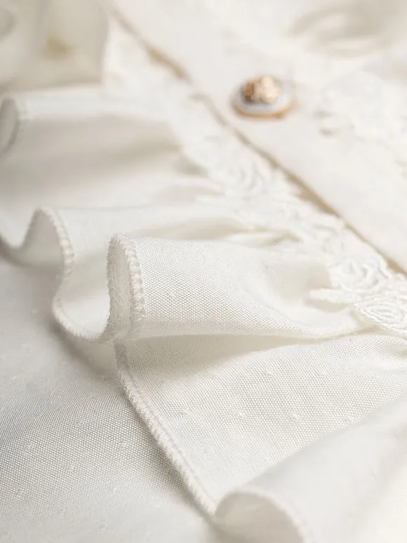 White Lolita Blouses Long Sleeves Ruffles Lace Up Bow Color Block Lace Lolita Top Lolita Shirt