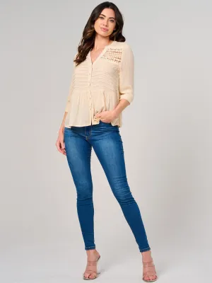 WOMEN'S 3/4 SLEEVE BUTTON UP CROCHET DETAILED BLOUSE
