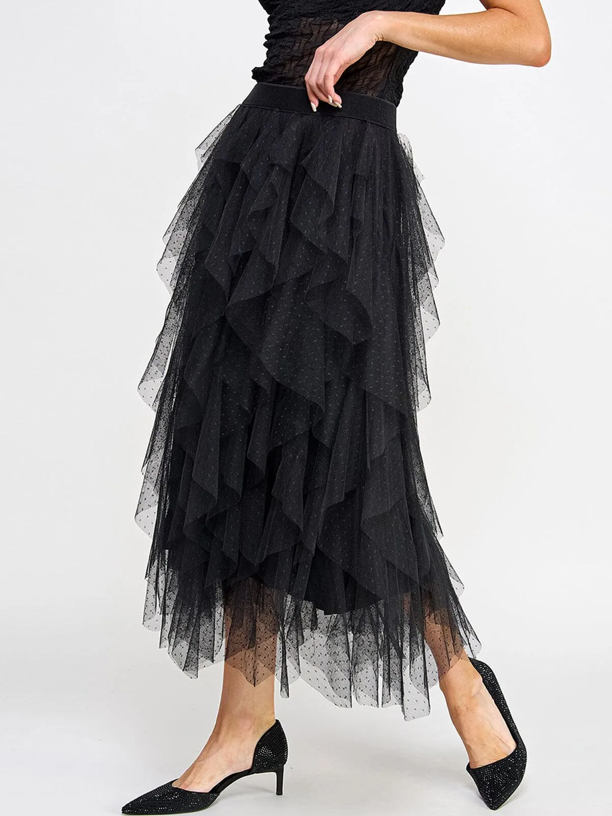 WOMEN'S ELASTIC WAIST RUFFLE TIERED MAXI SKIRT
