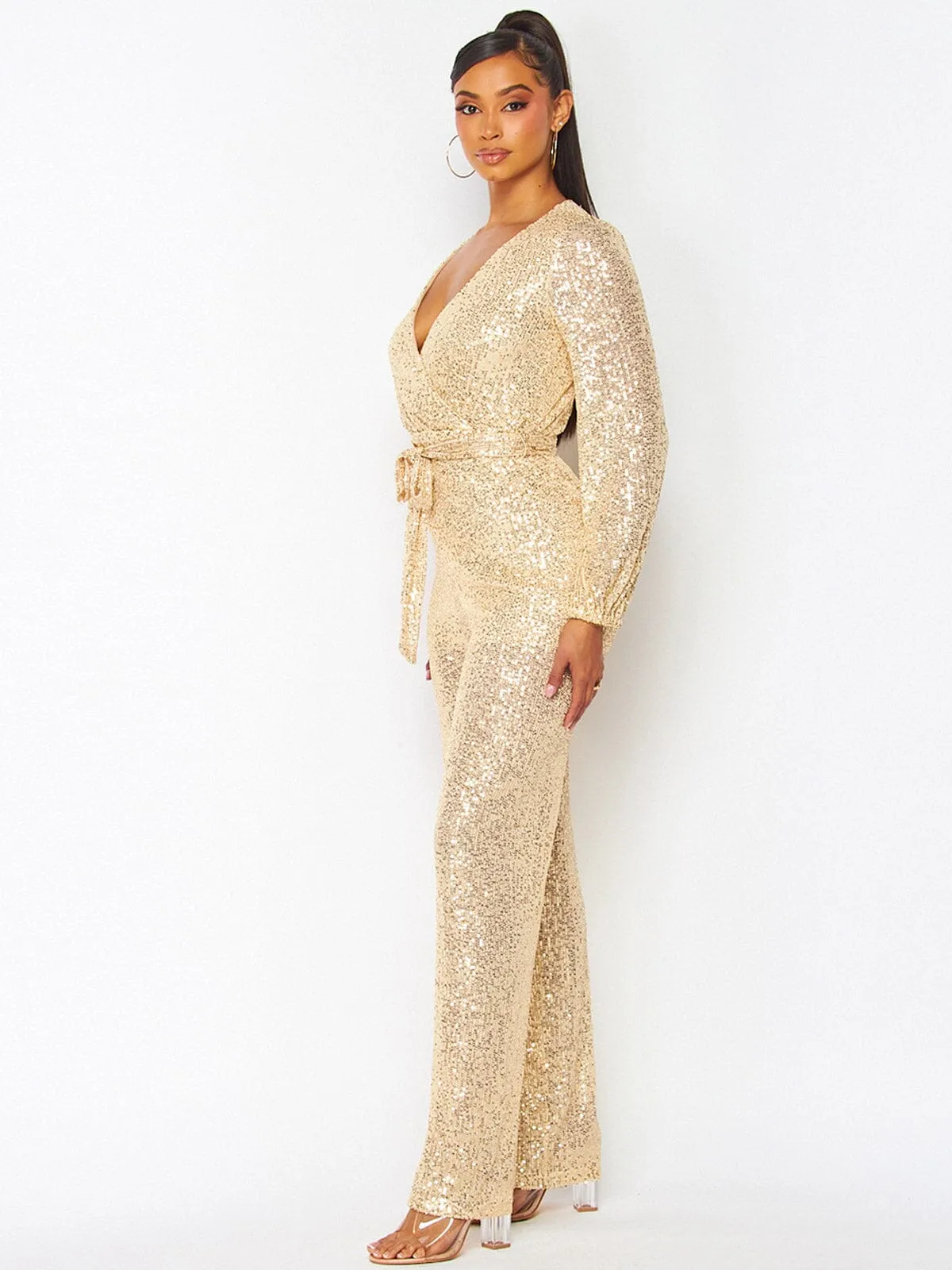 WOMEN'S LONG SLEEVE SELF TIE SURPLICE SEQUINS WIDE LEG JUMPSUIT